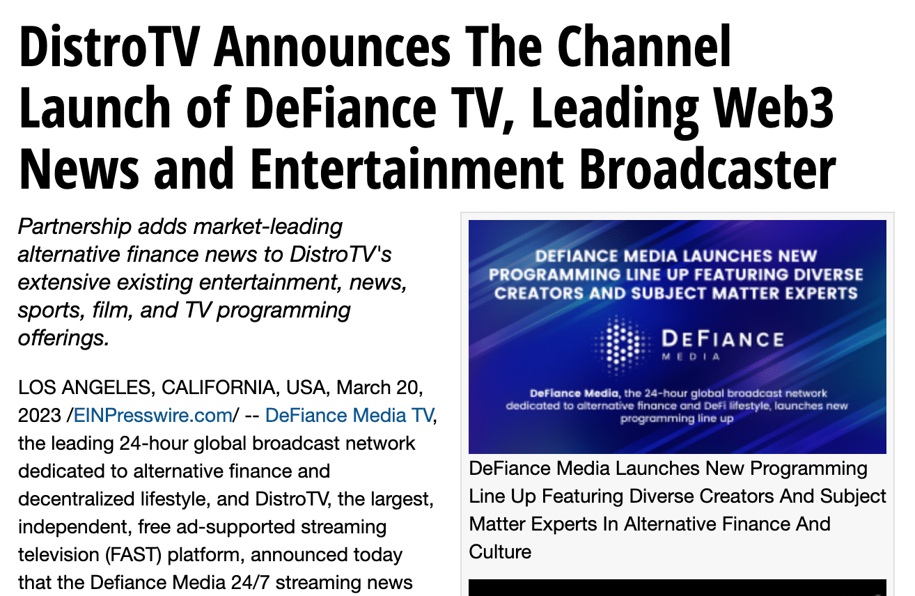 DistroTV Announces The Channel Launch of DeFiance TV, Leading Web3 News and Entertainment Broadcaster